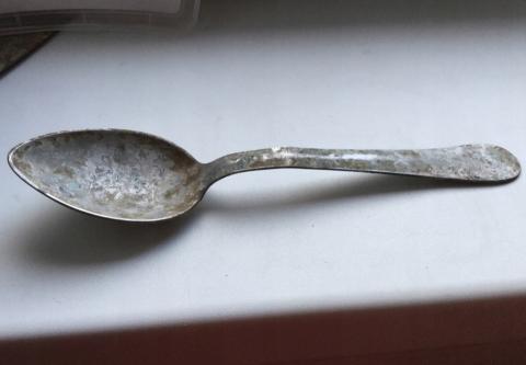 WW2 GERMAN NAZI RELIC FOUND TEA SPOON WITH SWASTICA - R.B.D. DANZIG ROSTFREI - M.DA SCH.D.A. DANZIG DAF 