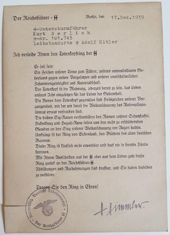 WW2 GERMAN NAZI ***REPLIKA*** OF THE HOLY GRAIL WAFFEN SS TOTENKOPF HIMMLER HONOR RING WITH AWARD DOCUMENT