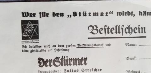 WW2 GERMAN NAZI SUPER RARE MOST INFAMOUS ANTI-SEMITIC ANTI-JEWISH GERMAN NEWSLETTER " DER STURMER " REGISTER - SUBSCRIPTION FORM JEW JUIF JOOD JUDE HOLOCAUST