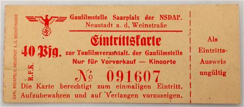 WW2 GERMAN NAZI THIRD REICH NSDAP ADOLF HITLER PARTY UNUSED TICKET FOR AN ENTRANCE TO A NSDAP EVENT