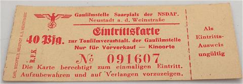 WW2 GERMAN NAZI THIRD REICH NSDAP ADOLF HITLER PARTY UNUSED TICKET FOR AN ENTRANCE TO A NSDAP EVENT