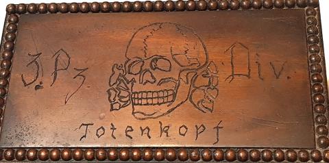 WW2 GERMAN NAZI UNIQUE 3ND PANZER DIVISION WAFFEN SS TOTENKOPF WOODEN BOX SOUVENIR OF WAR