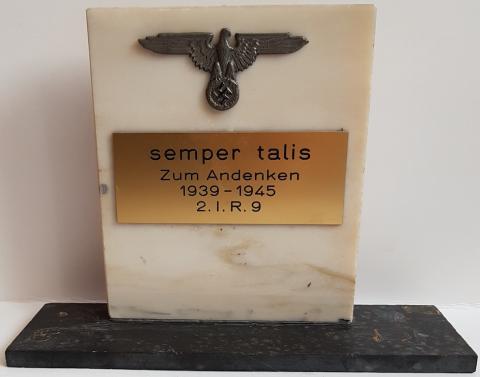 WW2 GERMAN NAZI UNIQUE COMMEMORATIVE FUNERAL MARBLE PLATE FOR A WAFFEN SS FALLEN SOLDIER. DATED, NAMED. WITH A SS VISOR CAP INSIGNIA