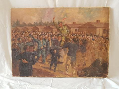 WW2 GERMAN NAZI UNIQUE CONCENTRATION CAMP AUSCHWITZ BIRKENAU ORIGINAL PAINTING HAND MADE BY A SURVIVOR - INMATE AFTER LIBERATION - MUSEUM ITEM