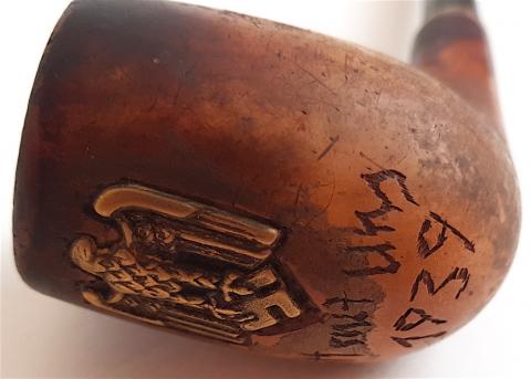 WW2 GERMAN NAZI UNIQUE TRENCH ART WEHRMACHT SOLDIER TOBACCO PIPE WITH NAZI EAGLE PIN BUILT IN AND MOTO + DATE HAND WRITTEN