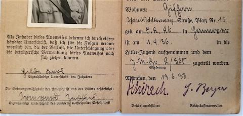 WW2 GERMAN NAZI VERY NICE HITLER YOUTH HITLERJUGEND FLIP ID WITH PHOTO STAMPS AND MANY ENTRIES ADOLF HITLER HJ
