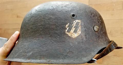 WW2 GERMAN NAZI VERY NICE M42 SINGLE DECAL WAFFEN SS COMPLETE SS-BLACK HELMET WITH AMAZING LINER PATINA, MATCHED CHINSTRAP AND 70% DECAL REMAIN WW2 GERMAN NAZI VERY NICE M42 SINGLE DECAL WAFFEN SS COMPLETE SS-BLACK HELMET WITH AMAZING LINER PATINA, MATCHED CHINSTRAP AND 70% DECAL REMAIN