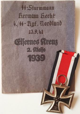 WW2 GERMAN NAZI VERY RARE AND UNIQUE IRON CROSS SECOND CLASS AWARD MEDAL WITH WAFFEN SS STURMMANN NORDLAND REGIMENT NAMED ENVELOPPE ETUI EK2