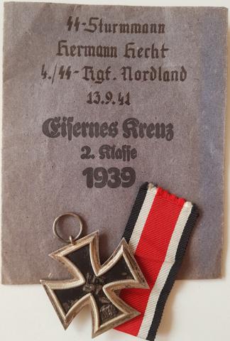 WW2 GERMAN NAZI VERY RARE AND UNIQUE IRON CROSS SECOND CLASS AWARD MEDAL WITH WAFFEN SS STURMMANN NORDLAND REGIMENT NAMED ENVELOPPE ETUI EK2