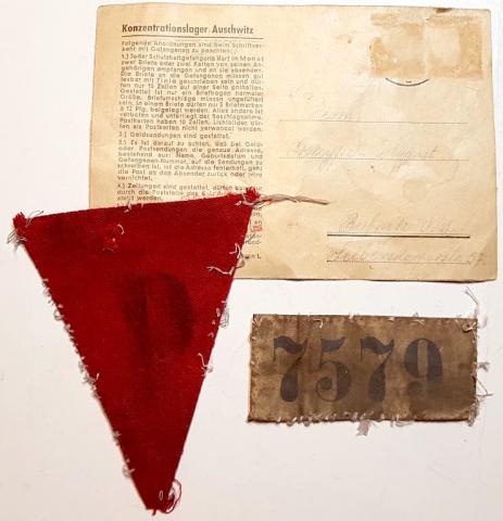WW2 GERMAN NAZI VERY RARE CONCENTRATION CAMP AUSCHWITZ SURVIVOR 1 LETTER AND HIS PATCHES ID NUMBER + RED POLITICAL TRIANGLE UNIFORM REMOVED