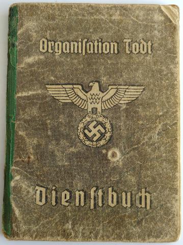 WW2 GERMAN NAZI VERY RARE Organisation Todt membership service booklet ID WITH LOT OF ENTRIES + PHOTO + STAMPS