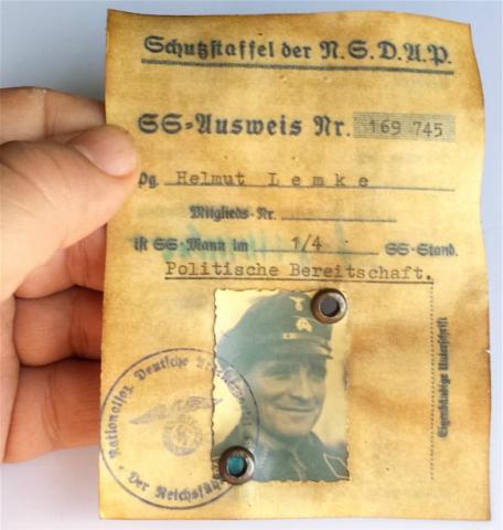 WW2 GERMAN NAZI WAFFEN SS TOTENKOPF AUSWEIS ID WITH PHOTO & STAMP