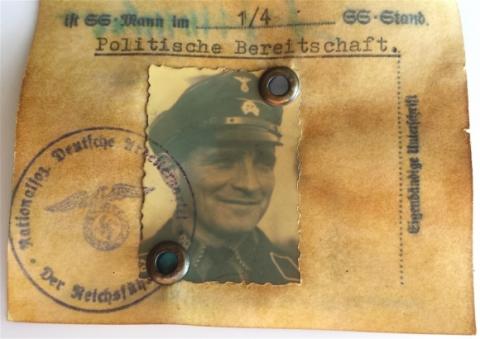 WW2 GERMAN NAZI WAFFEN SS TOTENKOPF AUSWEIS ID WITH PHOTO & STAMP