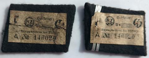WW2 GERMAN NAZI WAFFEN SS TOTENKOPF CONCENTRATION CAMP GUARD COLLAR TABS SET WITH BOTH RZM TAGS STILL INTACT. RARE