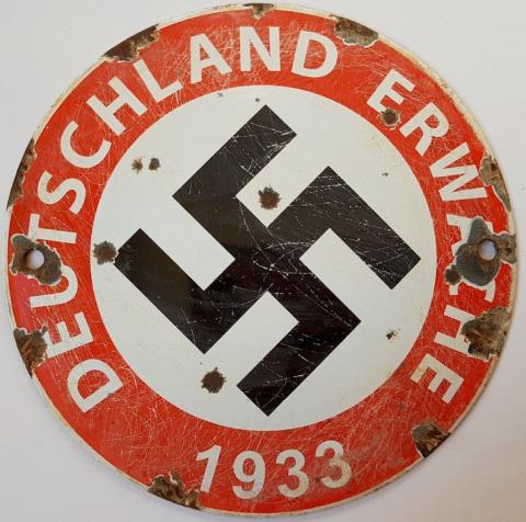 WW2 GERMAN NAZI WALL BUILDING NSDAP ADOLF HITLER III REICH DEUTSCHLAND ERWACHE ("Germany, awake!")  PANEL SIGN