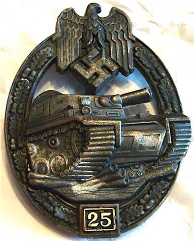 WW2 GERMAN NAZI WEHRMACHT OR WAFFE SS RARE TANK BADGE 25 INTERVENTIONS WITH MAKER MARKS ON THE BACK