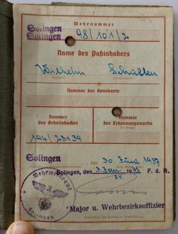 WW2 GERMAN NAZI WEHRMACHT SOLDIER WEHRPASS ID BOOK SUPER RARE WORKER - OFFICER AT THE SOLINGEN SS - SA NSKK DAGGER AND SWORD COMPANY
