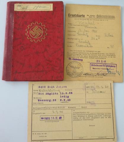 WWII GERMAN NAZI DAF membership book of German Labour Front WITH LOT OF ENTRIES & STAMPS + 2 DOCUMENTS - CARDS