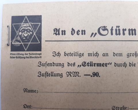 DER STURMER MEMBERSHIP CARD ANTI SEMITIC JEW JEWISH for sale