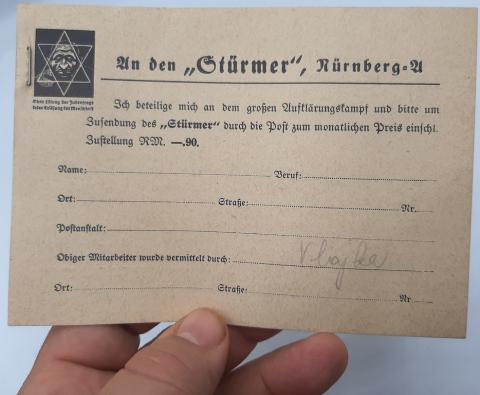 DER STURMER MEMBERSHIP CARD ANTI SEMITIC JEW JEWISH for sale
