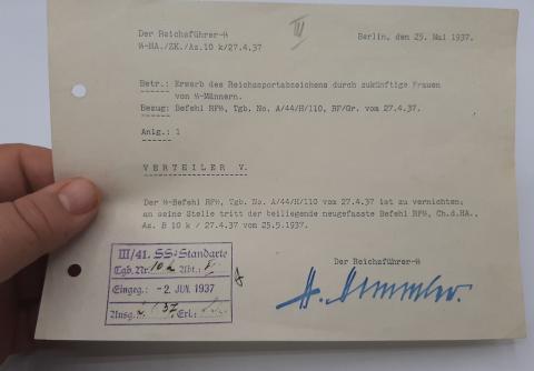 HEINRICH HIMMLER ORIGINAL SIGNATURE SIGNED AUTOGRAPH SS STANDARTE DOCUMENT
