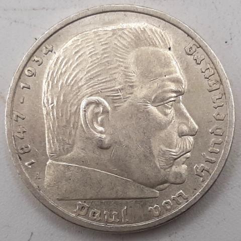 1936 1939 .900 SILVER COIN HINDENBURG 5 REICHMARKS WITH SWASTIKA THIRD REICH PERIOD