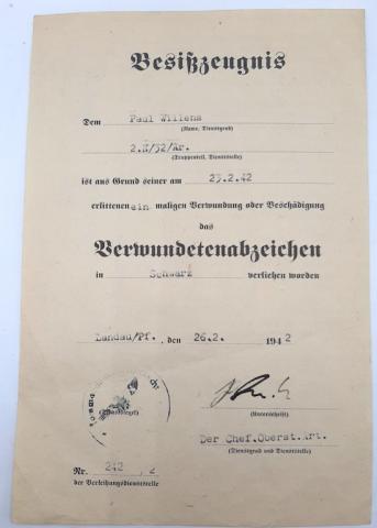 WEHRMACHT BRONZE WOUND BADGE MEDAL AWARD DOCUMENT