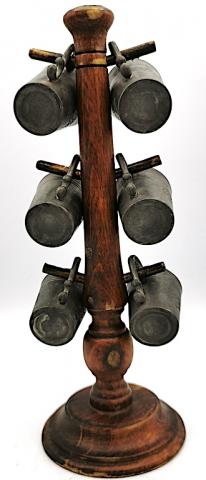 WW2 GERMAN NAZI AMAZING SET OF 6 WAFFEN SS TOTENKOPF VODKA CUPS ON WOODEN HANDLE