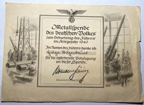 WW2 GERMAN NAZI Document - thank you for a donation to the German army. 1940 