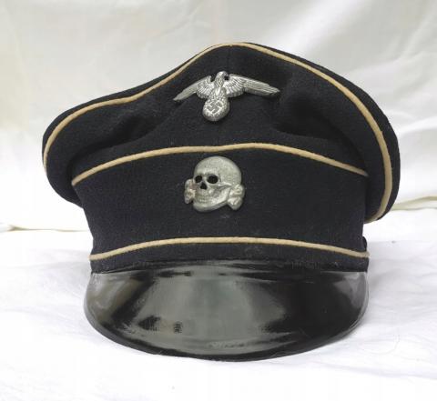 ORIGINAL CRUSHER WW2 GERMAN NAZI EARLY ALLGEMEINE BLACK SS NCO VISOR CAP RZM TAG