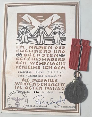 WW2 GERMAN NAZI original EASTERN FRONT MEDAL AWARD DOCUMENT STAMPED SIGNED INFANTERIE REGIMENT