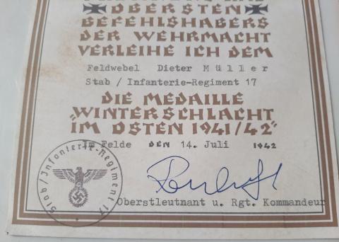 WW2 GERMAN NAZI original EASTERN FRONT MEDAL AWARD DOCUMENT STAMPED SIGNED INFANTERIE REGIMENT