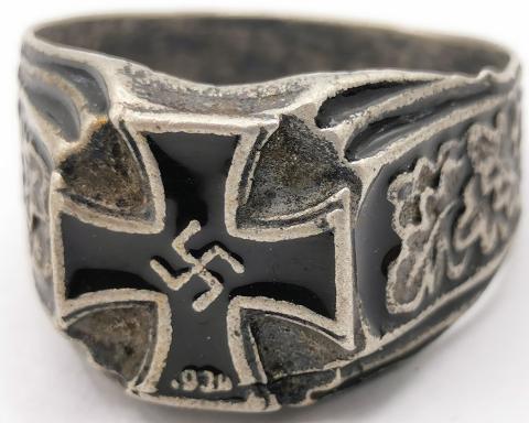 WW2 GERMAN NAZI ORIGINAL OFFICER IRON CROSS & SWASTIKA SILVER RING MARKED 800