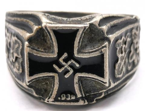 WW2 GERMAN NAZI ORIGINAL OFFICER IRON CROSS & SWASTIKA SILVER RING MARKED 800