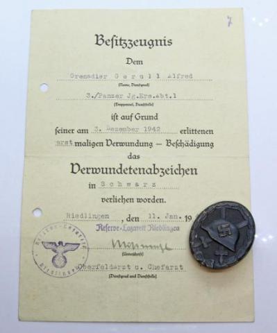 WW2 GERMAN NAZI ORIGINAL PANZER GRENADIER DIVISION BLACK WOUND BADGE MEDAL + AWARD DOCUMENT