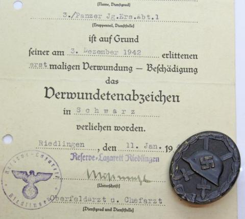 WW2 GERMAN NAZI ORIGINAL PANZER GRENADIER DIVISION BLACK WOUND BADGE MEDAL + AWARD DOCUMENT