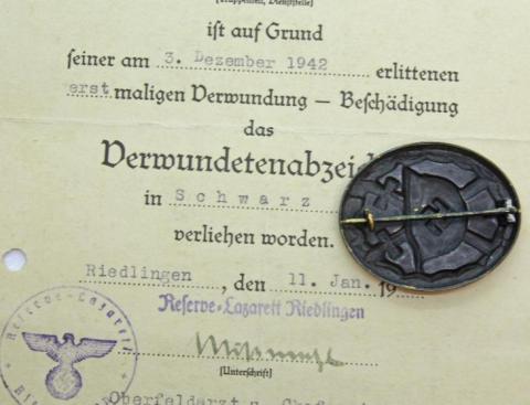 WW2 GERMAN NAZI ORIGINAL PANZER GRENADIER DIVISION BLACK WOUND BADGE MEDAL + AWARD DOCUMENT