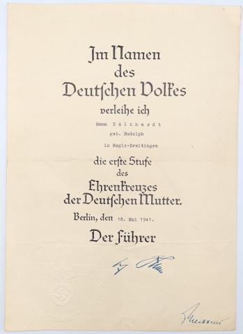 WW2 GERMAN NAZI RARE MOTHER CROSS AWARD DOCUMENT STAMPED AND SIGNED BY ADOLF HITLER SIGNATURE. AUTOGRAPH