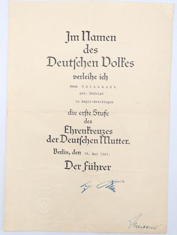 WW2 GERMAN NAZI RARE MOTHER CROSS AWARD DOCUMENT STAMPED AND SIGNED BY ADOLF HITLER SIGNATURE. AUTOGRAPH