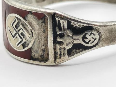 WW2 GERMAN NAZI RARE NSDAP LEADER'S MARKED SILVER RING WITH SWASTIKA