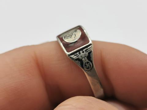 WW2 GERMAN NAZI RARE NSDAP LEADER'S MARKED SILVER RING WITH SWASTIKA