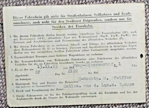 GERMAN NAZI WAFFEN SS TRAIN TICKET STAMPED SIGNED REICHSBAHN