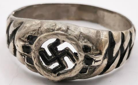 WW2 GERMAN NAZI SWASTIKA PARTISAN SILVER RING NSDAP ADOLF HITLER