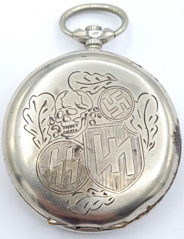 WW2 GERMAN NAZI WAFFEN SS DAS REICH SS-Panzer-Division TOTENKOPF SWISS POCKET WATCH ENGRAVED