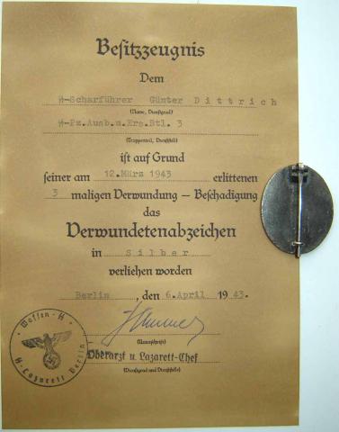 WW2 GERMAN NAZI WAFFEN SS PANZER GRENADIER DIVISION SILVER WOUND BADGE MEDAL AWARD DOCUMENT