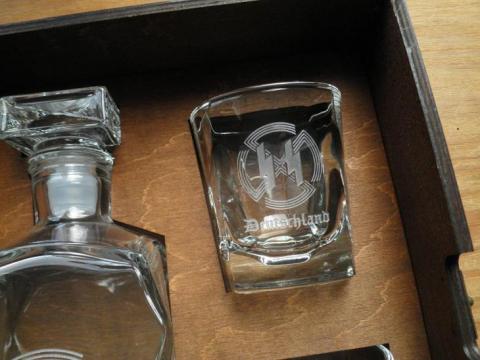 POST WAR 3-PIECES WHISKY SET IN WOODEN CASE STAMPED WAFFEN SS - AMAZE YOUR FRIENDS !!