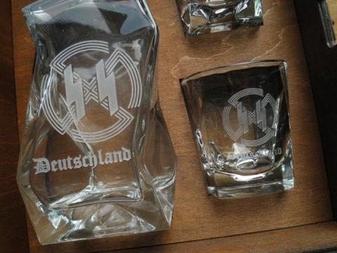 POST WAR 3-PIECES WHISKY SET IN WOODEN CASE STAMPED WAFFEN SS - AMAZE YOUR FRIENDS !!
