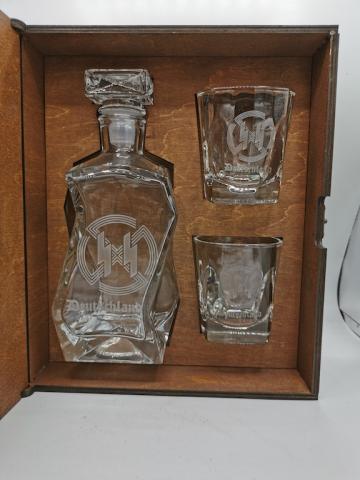 POST WAR 3-PIECES WHISKY SET IN WOODEN CASE STAMPED WAFFEN SS - AMAZE YOUR FRIENDS !!