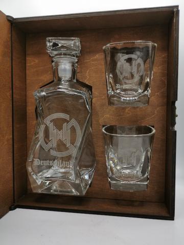 POST WAR 3-PIECES WHISKY SET IN WOODEN CASE STAMPED WAFFEN SS - AMAZE YOUR FRIENDS !!