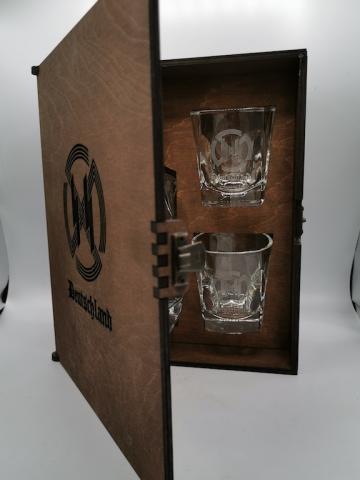 POST WAR 3-PIECES WHISKY SET IN WOODEN CASE STAMPED WAFFEN SS - AMAZE YOUR FRIENDS !!